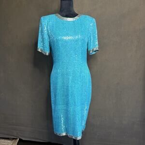 STENAY Vintage 80's VTG Teal Blue 100% Silk Sequin Beaded Cocktail Party Dress 6
